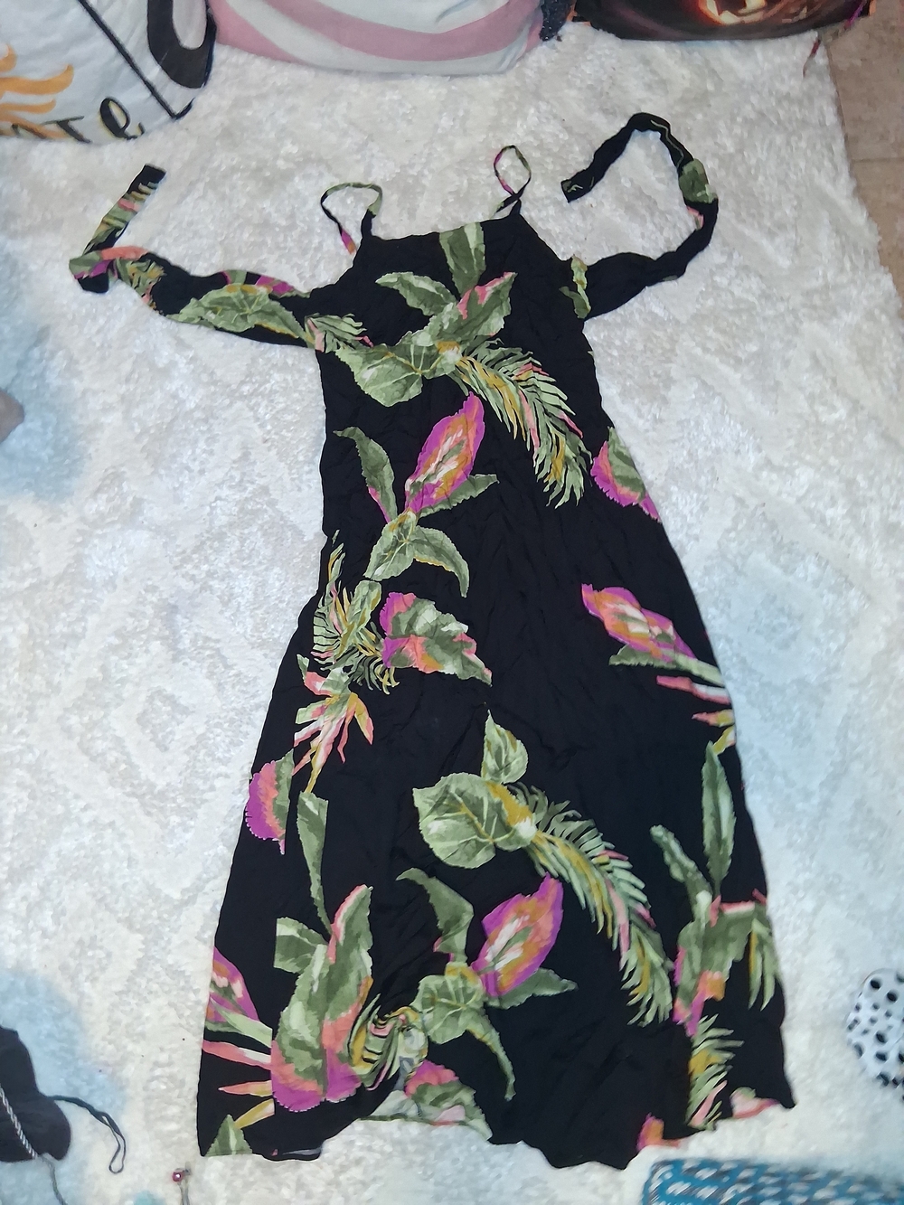 AK Black Maxi Dress with Pink and Green Tropical Print